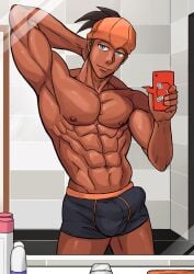 bara big_bulge bulge destor777 erection_under_clothes looking_at_viewer male male_nipples male_only muscular muscular_male nintendo nipples penis_outline pokemon pokemon_ss raihan_(pokemon) solo underwear