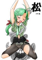 arms_up blush breast_grab closed_eyes enemy_naval_mine_(kantai_collection) exposed_belly_button green_hair kantai_collection matsu_(kantai_collection) open_mouth panties pantyhose restrained small_breasts tentacle torn_clothes torn_pantyhose