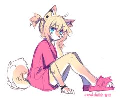 anakoluth blonde_hair blue_eyes curly_tail curvy curvy_figure dog_girl feet hand_on_cheek legs medium_breasts orange_hair ponytail sitting slippers tail topwear