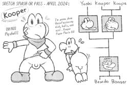 2024 allcaps anthro ass balls bandage bandana black_and_white blush bodily_fluids bottomless bottomless_anthro bottomless_male bowser clothed clothing clothing_lift english_text footwear genitals kerchief kooper koops male male_focus male_only mario_(series) monochrome nintendo nishi_oxnard paper_mario penis presenting presenting_hindquarters shirt shirt_lift shoes smile solo solo_male sweat text topwear wristband yoshi