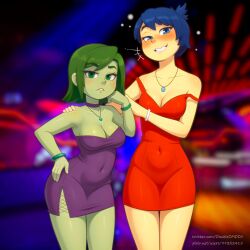 2024 2024s 2girls alternate_version_available belly_button belly_button_visible_through_clothing blue_eyes blue_hair blush breasts cleavage clothed clothing disgust_(inside_out) disney doubledmddx dress duo duo_female duo_focus female female_focus female_only green_body green_hair green_skin inside_out inside_out_2 joy_(inside_out) looking_at_viewer multiple_girls navel navel_visible_through_clothes navel_visible_through_dress necklace pixar purple_dress red_dress short_hair short_hair_female size_difference tagme thighs wide_hips yellow_body yellow_skin