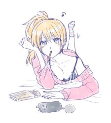 aikawa_(pixiv) alternate_costume blonde_hair blue_eyes bra canon_genderswap cellphone cleavage female female_only genderswap_(mtf) gintama long_hair looking_at_viewer medium_breasts off_shoulder okita_sougo okita_souko on_stomach phone pocky ponytail rule_63 side_ponytail solo sweater teenage_girl teenager