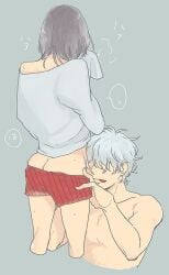 2boys aged_up ass black_hair butt_crack gay gintama gintama:_be_forever_yorozuya gintoki_sakata licking_lips male male_only memememe nervous rear_view shimura_shinpachi sleeves_past_wrists sweat sweater tongue_out twink underwear undressing undressing_another white_hair yaoi