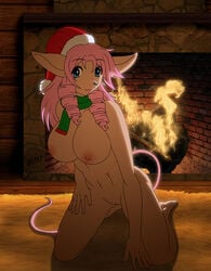 anthro big_breasts blue_eyes breasts cabin christmas desingahv female fireplace fur hair holidays human_hands looking_at_viewer mammal mouse nipples pink_hair pussy rodent santa_hat scarf sherry solo yellow_fur