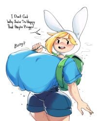 adventure_time backpack bag breast_expansion breasts breasts_bigger_than_head clothing female fionna_and_cake fionna_the_human_girl gmerch huge_breasts human implied_breast_expansion large_breasts pale_skin speech_bubble text thick_thighs tight_clothing