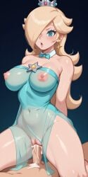 1girls ai_generated blonde_hair blue_dress blue_eyes blue_outfit breasts clothing cowgirl_position cum_in_pussy digital_art earrings female female_only formal_dress glasses hair_over_one_eye hourglass_figure indoors long_hair looking_at_viewer mario_(series) necklace nintendo nipple_bulge nipples no_bra no_panties open_mouth poncedart ponytail princess_rosalina pussy race_track sex solo solo_female solo_focus vaginal_penetration vaginal_sex voluptuous voluptuous_female