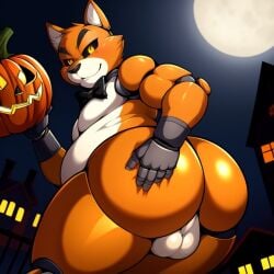 ai_generated animatronic anthro chubby classic_george_(jolly2) domestic_cat fat_ass fazbear_fanverse felid feline fnaf frosting.ai furry furry_ass furry_male furry_only george_(jolly) halloween jack-o'-lantern jolly_(game) jolly_2 male male_only musk naked_male no_humans nude_male orange_fur solo sugar1989