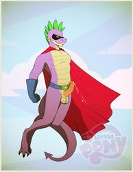 1boy anthro balls cape dragon erection friendship_is_magic male male_only masculine my_little_pony penis smooth_skin solo spike_(mlp) superhero yomari