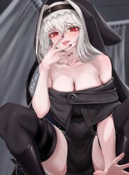 1girls arknights arousal aroused aroused_face aroused_female aroused_smile blush blush blush_lines blushing_at_viewer covering covering_face female female_focus female_on_top female_only horny horny_female large_breasts light-skinned_female light_skin long_hair looking_at_viewer mildt nun nun's_habit nun_outfit ready_to_fuck red_eyes smile smiling smiling_at_viewer specter_(arknights) tagme