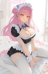 1girls big_breasts blue_archive blushing blushing_at_viewer cleavage female female_only haloo1101 heine_(haloo1101) highres in_bed maid maid_uniform mika_(blue_archive) pink_hair sitting sitting_on_bed smiling smiling_at_viewer white_thighhighs yellow_eyes