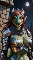 ai_generated anthro armor artist_name breasts colored_skin female female_anthro furry furry_female green_skin hi_res high_resolution highres horns large_breasts long_hair moon photorealistic pointy_ears realistic red_hair reptile scales scalie solo stable_diffusion twitter twitter_username watermark yiffyjiffy2 yiffyjiffy69