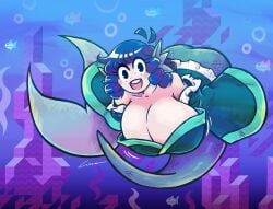 1girls alternate_version_available animal_ears ass big_breasts black_eyes blue_hair breasts cleavage clothed_female detailed_background fishnet_shirt head_fins huge_breasts light-skinned_female linaciari mermaid signature solo solo_female touhou wakasagihime watermark