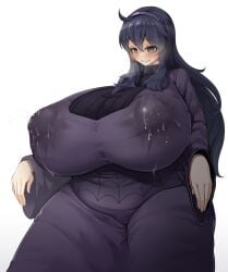 1girl 1girls alternate_body_type alternate_breast_size blush breasts_bigger_than_head female female_focus female_only hex_maniac horny huge_breasts lactating_nipples lactation lactation_through_clothes leaking_milk milk nipple_bulge nipples_visible_through_clothing npc_trainer plump pokemon pokemon_(trainer) projectile_lactation puffy_nipples purple_clothing purple_hair sinensian solo solo_female steam thick venus_body