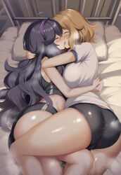 ai_generated bare_legs big_breasts blonde_hair breast_press closed_eyes fat_ass gym_uniform hex_maniac in_search_of_holy_water kissing large_breasts light-skinned_female light_skin long_hair massive_ass nintendo peeing pokemon pokemon_xy purple_hair serena_(pokemon) short_hair thick_thighs thighs urine yuri