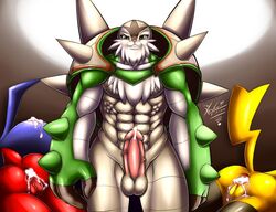 2014 abs anal anus avian balls biceps big_muscles bird blaziken chesnaught claws cum cum_in_ass cum_inside erection female feral foursome fur group group_sex humanoid looking_at_viewer lucario lying male male_focus masculine mn_xenx muscles nintendo nude pecs penis pikachu pokemon pokemon_(species) pussy sex smile spikes standing teeth vein video_games