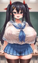 ai_generated asanagi_(style) black_eyes black_hair black_thighhighs blue_skirt blush chair chairs chalkboard classroom classroom_desk cowboy_shot desk golden_hair_ornaments hair_between_eyes hair_ornament hair_ribbon half-closed_eyes huge_breasts large_breasts long_hair looking_at_viewer milkersenjoyer neckerchief nipple_bulge nipple_outline nipples_visible_through_clothing open_mouth pleated_skirt ribbon_in_hair sailor_collar sailor_uniform serafuku short_sleeves short_stack shortstack smug smug_face solo solo_female solo_focus sopra_amane standing tama_project thick_thighs twintails uniform virtual_youtuber white_shirt wide_hips zettai_ryouiki