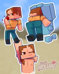 2d 2d_(artwork) 2d_artwork accurate_art_style apple ari_(minecraft) artist_logo artist_name ass bent_over blocky_body closed_eye detailed eating eating_food female female_only flat_chest flat_chested hexanne human human_female jeans looking_at_viewer looking_back microsoft minecraft mojang multiple_poses nipples on_knees shaded shirtless simple_background solo solo_female stretching tshirt