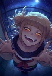 ahe_gao ai_generated blonde_hair crazy_eyes double_bun evil_grin fangs glowing_eyes grin half-closed_eyes himiko_toga krystalizedart messy_hair my_hero_academia sharp_teeth solo solo_female solo_focus surprise villain villainess yandere