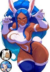 abs ai_generated big_breasts blue_eyes blue_hair cat_paws catgirl claws cleavage darkstalkers felicia_(darkstalkers) fusion fusion_character hairband heterochromia huge_breasts huge_thighs krystalizedart miruko muscular muscular_female my_hero_academia rabbit rabbit_ears red_eyes slit_pupils solo solo_female solo_focus thick_thighs thighhighs tongue_out vampire_(game)