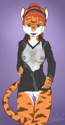 1girls anthro clothed clothing feline female female_only fishnet fishnet_shirt fishnets furry green_eyes jacket lipstick looking_at_viewer mammal nude pinup pose poulet-7 pussy simple_background solo then_and_now tiger