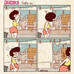 4koma after_masturbation albo blush clothesline clothing comic construction_worker cupping_breast female human jucika male page_1 pale_skin public red_skirt stealth_masturbation wet_panties yellow_topwear