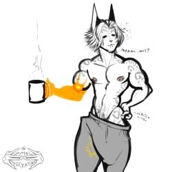 2023 absurd_res anthro ass beverage body_hair bottomwear bottomwear_down bulge closed_eyes clothed clothing coffee coffee_mug confusion eyebrow_piercing facial_piercing felid feline fur genital_outline genitals hair happy happy_trail hi_res jezzie_morozov(smol_aberration) leopard leopard_cat leopard_spots looking_at_another male mammal mouth_closed muscular muscular_anthro muscular_male nipple_piercing nipples nose_piercing onomatopoeia outline pantherine pants pants_down partially_clothed penis piercing prionailurus prosthetic prosthetic_limb pubes scratching scratching_butt smol_aberration solo sound_effects spots text throbbing throbbing_penis tired white_body white_fur white_hair