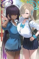 2girls arm_around_shoulder asuna_(blue_archive) blue_archive blue_bow blue_bowtie blue_choker blue_eyes blue_nails blue_skirt blush bow bowtie breasts choker closed_mouth collared_shirt cowboy_shot dark-skinned_female dark_skin female grey_hair hair_over_one_eye halo hand_on_own_hip hand_up highres hood_x_art karin_(blue_archive) large_breasts long_hair long_sleeves looking_at_viewer multiple_girls nail_polish one_eye_covered painted_nails parted_lips pleated_skirt purple_hair scrunchie shirt shirt_tucked_in skirt smile tagme teeth thighs white_shirt wrist_scrunchie yellow_eyes