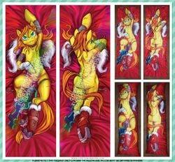 2014 advertisement annoying_watermark armor barbarian boa_(clothing) bracelet clothing dakimakura earth_pony english_text equine female fur hair hobbes_maxwell horse jewelry looking_at_viewer lying mammal my_little_pony nude on_back piercing pony solo text warrior watermark