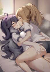 ai_generated ass_grab bare_legs big_breasts blonde_hair breast_press closed_eyes gym_uniform hex_maniac in_search_of_holy_water kissing large_breasts light-skinned_female light_skin long_hair nintendo peeing pokemon pokemon_xy ponytail purple_hair serena_(pokemon) thick_thighs thighs urine yuri