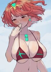 absurdres bikini breasts chest_jewel covering_own_mouth earrings female hand_over_own_mouth headpiece highres jewelry large_breasts looking_at_viewer medium_hair pyra_(xenoblade) red_eyes red_hair spicycurryart swimsuit tiara upper_body xenoblade_chronicles_(series) xenoblade_chronicles_2