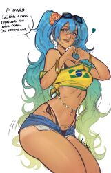 2d athletic athletic_female bare_midriff bikini blue_eyes blush bracelet brazil brazilian brazilian_female brazilian_miku busty dialogue earrings female female_focus female_only hatsune_miku heart_hands hourglass_figure kushb long_fingernails long_hair nail_polish navel pinup pinup_pose portuguese_text pose posing speech_bubble tagme tan tan_body tan_skin tanline thong_bikini turquoise_hair twintails vocaloid waist_chain wide_hips