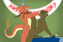 anal anal_sex anthro archshen argonian arm_straps bent_over birthday charmeleon closed_eyes cock_ring collar cum cum_while_penetrated cumshot domination duo erection fan_character fangs fire from_behind gay hands-free hat horn horn_grab lizard male male_only meteorsmash nintendo nude open_mouth orgasm party penetration penis pokémon_(species) pokemon pokemon_(species) raised_tail reptile scalie sex side_view skyrim standing tail_grab the_elder_scrolls thick_tail uncut video_games yaoi