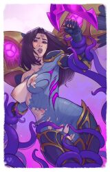 absurdres black_gloves bodysuit boots border breasts facial_mark female gloves highres kai'sa league_of_legends long_hair manapotion_art medium_breasts navel nipples purple_eyes purple_hair pussy signature tentacle thigh_boots torn_bodysuit torn_clothes vel'koz white_border