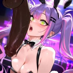 1girls ai_generated animal_ears bangs bare_shoulders blush bow bowtie breasts bunny_ears bunny_tail bunnysuit censored cleavage dark-skinned_male detached_collar ear_piercing eyebrows_visible_through_hair fake_animal_ears fake_tail green_eyes hair_ornament heart hololive hololive_japan long_hair multicolored_hair open_mouth penis penis_awe penis_on_face piercing pink_hair playboy_bunny purple_hair straight surprised sweat tail tokoyami_towa twintails virtual_youtuber wrist_cuffs