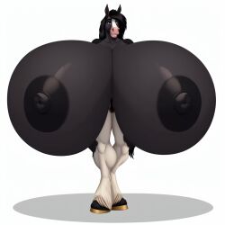 ai_generated black_fur draft_horse equine feathering female_anthro gigantic_breasts horse huge_breasts hyper_breasts nipples nude scottish_shire shire stable_diffusion tail white_fur