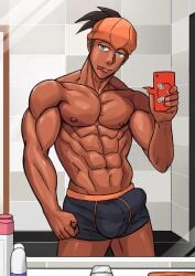 bara big_bulge bulge destor777 erection_under_clothes looking_at_viewer male male_nipples male_only muscular muscular_male nintendo nipples penis_outline pokemon pokemon_ss raihan_(pokemon) solo underwear