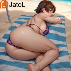 ai_generated ass_focus beach big_ass big_breasts bikini jatol leopard_print makoto_niijima patreon patreon_username persona persona_5 sweat sweaty