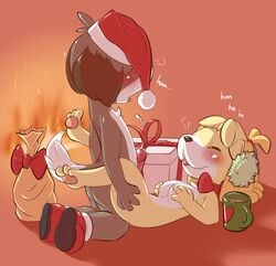 animal_crossing anthro blush breasts brother_and_sister canine christmas closed_eyes covering covering_breasts cum cumshot cup digby_(animal_crossing) dog duo earmuffs erection faceless_male female fire footwear fur furry hat holidays hollo_nut humanoid_penis incest isabelle_(animal_crossing) kneeling legs_up lying male mammal nintendo nude on_back onomatopoeia open_mouth opposite_sex_twins orgasm penis pom_hat pull_out santa_hat shadow sibling straight video_games