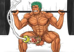 balls bara big_balls big_penis blush cum destor777 erection genital_fluids green_hair male male_nipples male_only muscular_male nipples nude one_piece orgasm penis roronoa_zoro scar