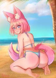 animal_ears ass ass_focus back_view beach beach_background big_ass big_breasts big_butt bikini blue_eyes blush blush_lines blushing_at_viewer breasts breasts_out butt_focus clothed embarrassed feet fox_ears foxgirl kemonomimi kitsune looking_at_viewer nipple_bulge ocean oppai palm_tree pink_hair pinkeiru pinkeiru_(vtuber) sand short_hair sideboob sitting soles tail thong_bikini toes virtual_vtuber