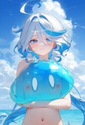 1girls ai_generated alekarl alekarl belly_button blue_eyes blush breasts cloud cute furina_(genshin_impact) genshin_impact looking_at_viewer nipples nude nude_female petite see-through sky slime slime_(genshin_impact) small_breasts white_hair