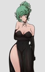 big_breasts black_dress clothed dress green_eyes green_hair looking_away omiza_somi one-punch_man solo standing tatsumaki