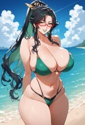 1girls ai_generated beach bikini bombacopta cloud_retainer_(genshin_impact) genshin_impact green_bikini green_eyes green_lipstick hair_ornament huge_breasts mature_female multicolored_hair red_glasses thick_thighs xianyun_(genshin_impact)