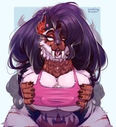 absurd_res ahe_gao anthro ass belly big_butt bodily_fluids breast_squish breasts dripping eyebrows fangs felid feline female hi_res lefze looking_pleasured mammal pinup pose saliva saliva_drip saliva_on_breasts saliva_on_tongue solo squish stronkfurry teeth thick_eyebrows thick_thighs