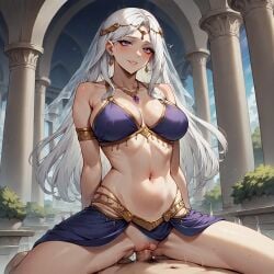 ahe_gao ai_generated eris_(konosuba) harem_outfit kono_subarashii_sekai_ni_shukufuku_wo! large_breasts navel orgasm_face payop pony_diffusion_xl pov vaginal_sex