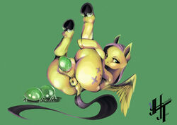 2014 anus ass cutie_mark egg egg_laying equine female feral fluttershy_(mlp) friendship_is_magic fur green_background hair hiroshi-tea hooves legs_up mammal my_little_pony pegasus plain_background puffy_anus pussy solo wings yellow_fur