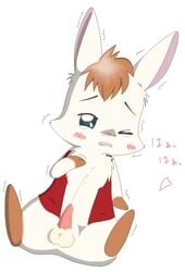 1boy :3 albino anthro blush censored cum cute fur happy_happy_clover japanese lagomorph luna male male_only mammal one_eye_closed penis rabbit sayuri_tatsuyama short_fur smile solo tapering_penis text translated unknown_artist vest white_fur wink