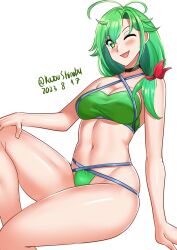 absurdres alternate_costume antenna_hair bikini breasts cleavage criss-cross_halter dated feet_out_of_frame female green_bikini green_eyes green_hair hair_over_shoulder halterneck highres kantai_collection katou_shinobu lips matsu_(kantai_collection) medium_breasts one-hour_drawing_challenge one_eye_closed simple_background sitting smile solo swimsuit twitter_username white_background