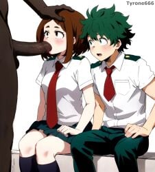 1girls 2boys ai_generated big_penis cuckold dark-skinned_male dark_skin female interracial izuku_midoriya male my_hero_academia ochako_uraraka school_uniform tyrone666