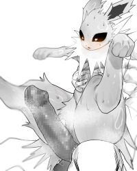 1boy 1pokemon blush bodily_fluids censored censored_genitalia duo eeveelution female feral generation_1_pokemon genital_fluids hands_around_torso hands_on_waist held_up huge_cock human human_on_feral imminent_sex interspecies jolteon legs_up male male/female male_on_feral mammal monochrome mosaic_censoring nintendo paws pecco_occeq pokemon pokemon_(species) pokephilia precum spread_legs spreading sweat sweatdrop zoophilia